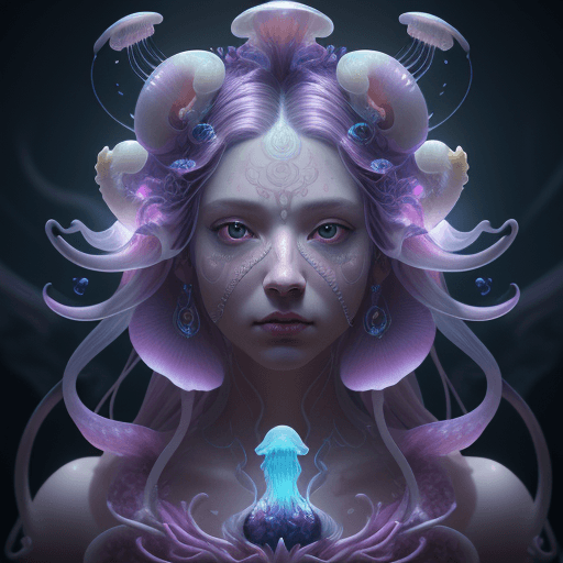 AI generated: Goddess close-up portrait ribcagel. jellyfish phoenix head, nautilus, orchid, skull, betta fish, bio...