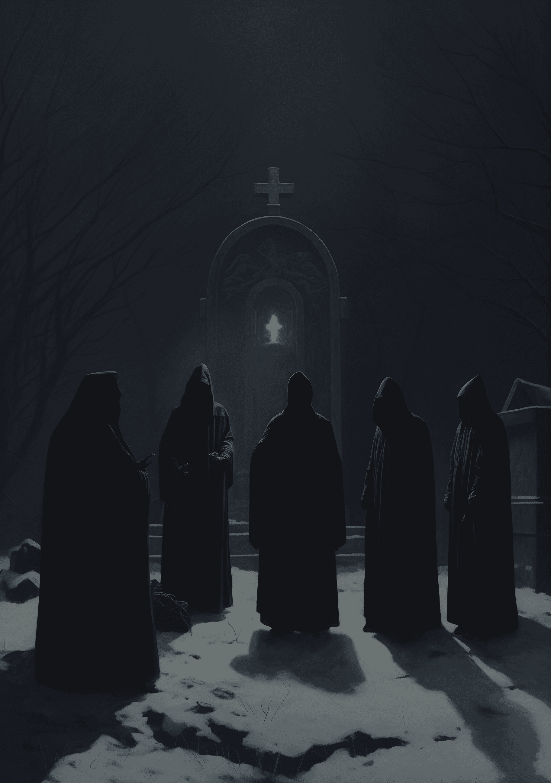 AI generated: A group of grim looking monks in black robes, standing around an ancient ruined church at night, win...