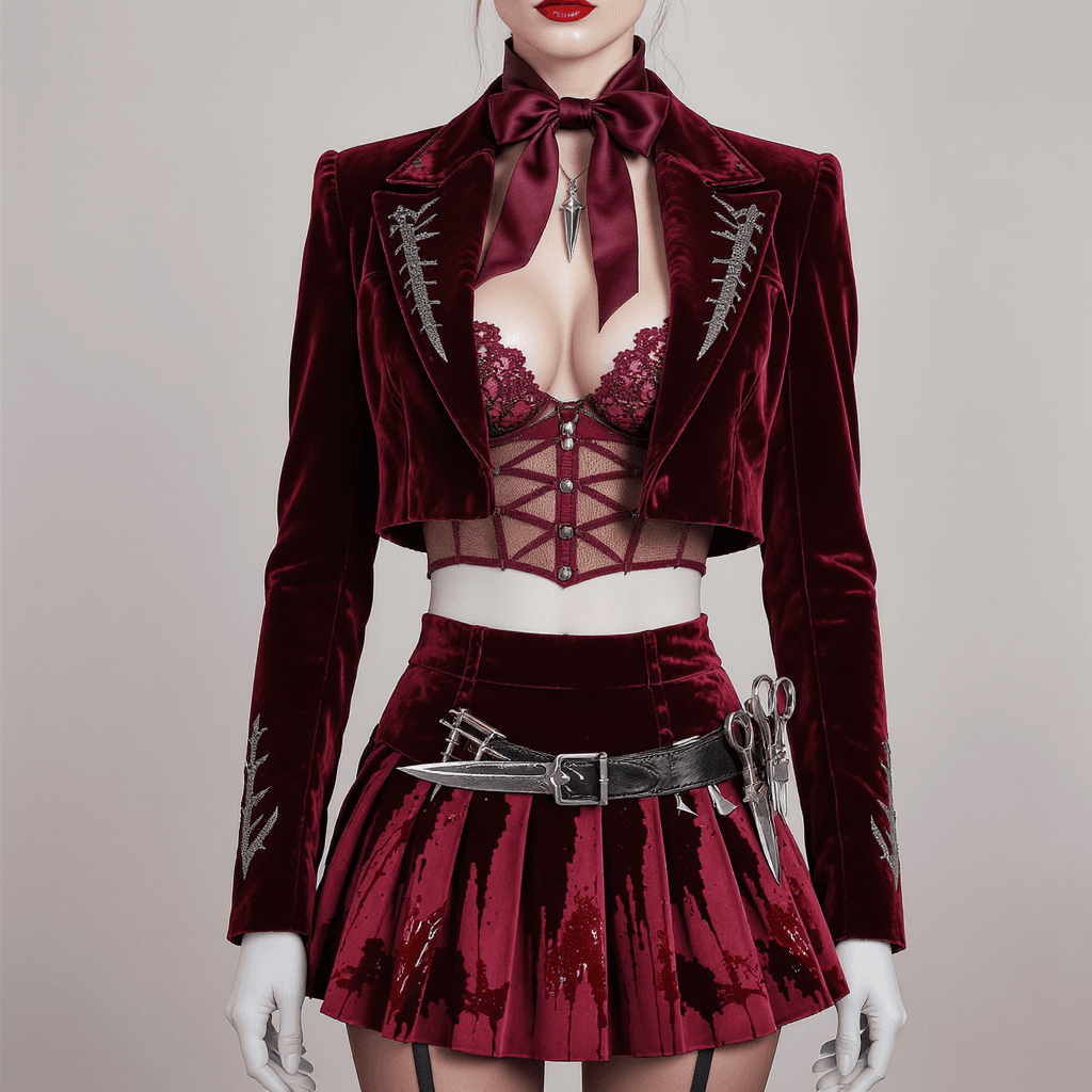 AI generated: Cropped velvet jacket in wine red embroidered with steel gray blade motifs across sleeves and collar...