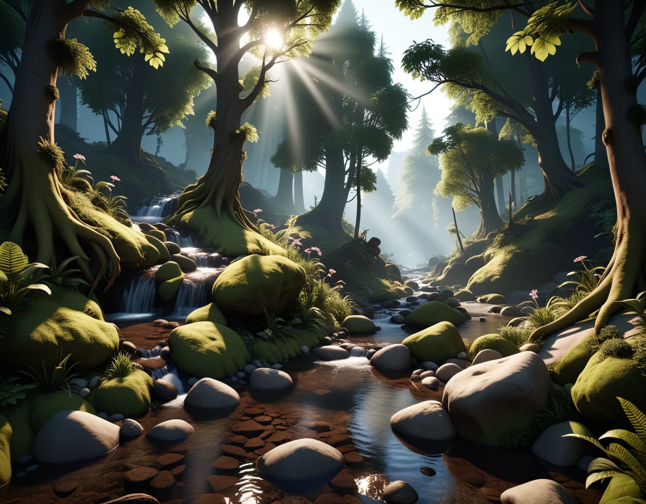 AI generated: Hyper-Realistic, CGI-style of a small stream, peaceful (Instagram able), highly detailed, artistic, ...