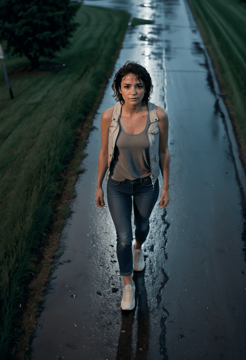 AI generated: photography of a 30 year old woman with short wavy brunette hair, wearing a light-jacket, tank-top, ...