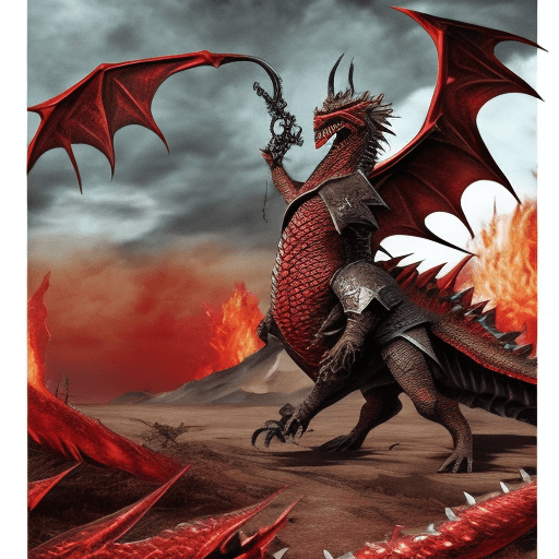AI generated: collage art ofierce warrior battling a dragon in a desolate wasteland. The warrior should be dressed...