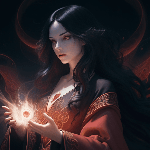 AI generated: A female warlock with long black hair wearing ornate red robes, Casting a Spell, Swirling magical en...