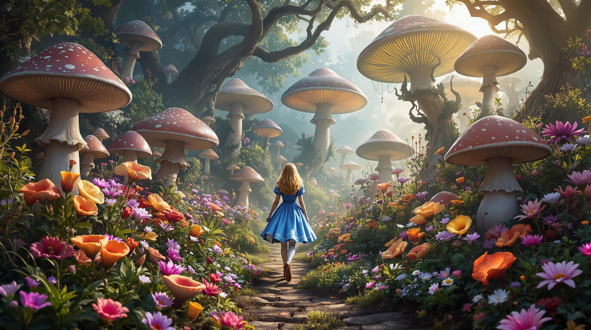 AI generated: Alice in Wonderland, walking throught a surealism Wonderland with giant mushrooms, glowing plants, e...