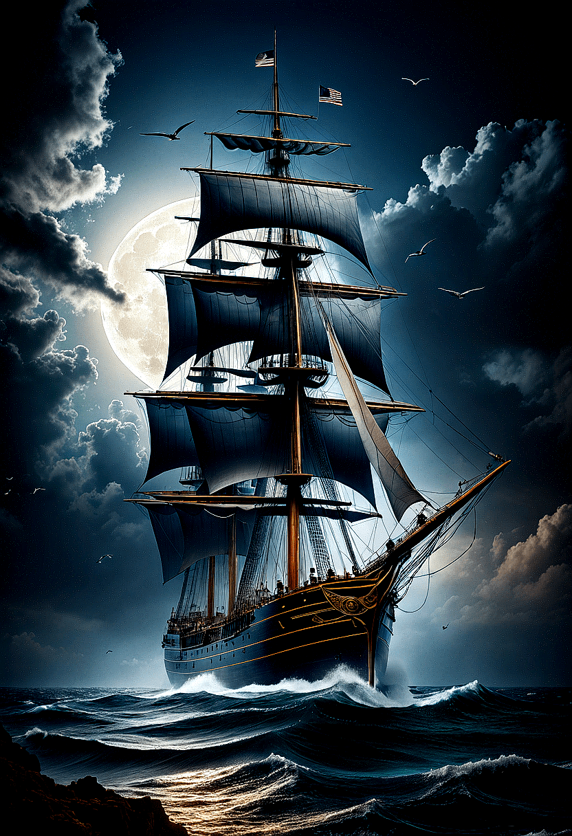 AI generated: The image features a large sailing ship with a moon in the background, creating a dramatic and myste...
