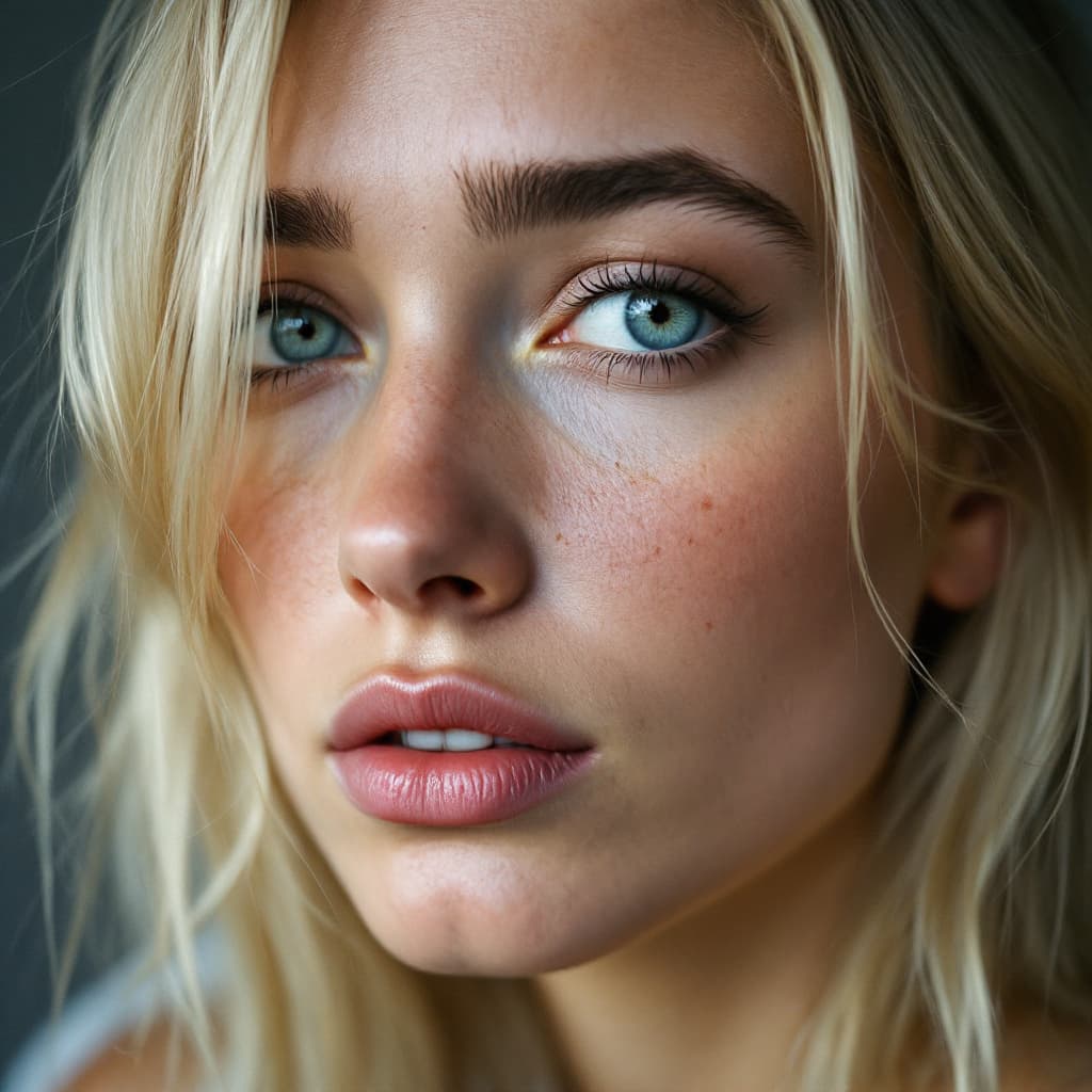 AI generated: female, Caucasian, blonde hair. uneven brows, slightly crooked nose. small lips, tired expression. P...
