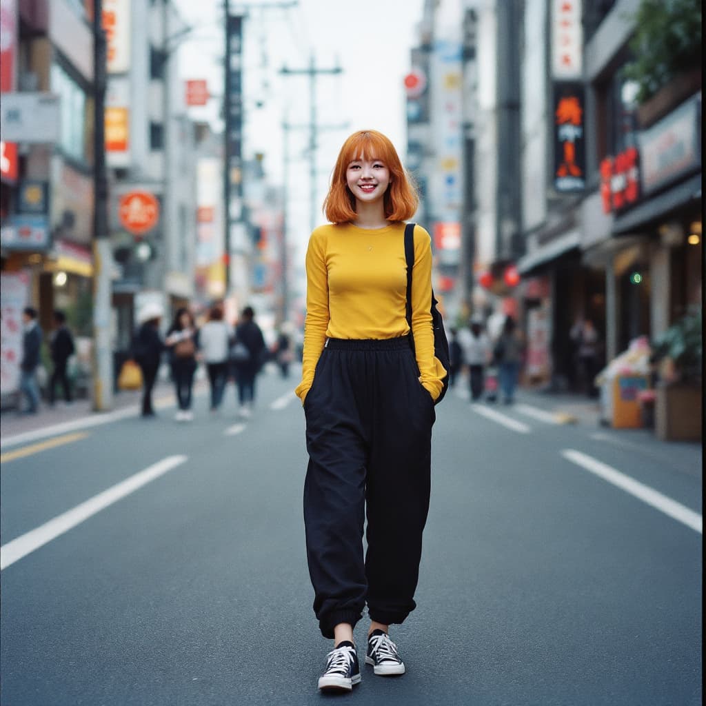 AI generated: Japanese girl  realistic, female, student  short orange hair with long bangs, happy,wearing yellow l...