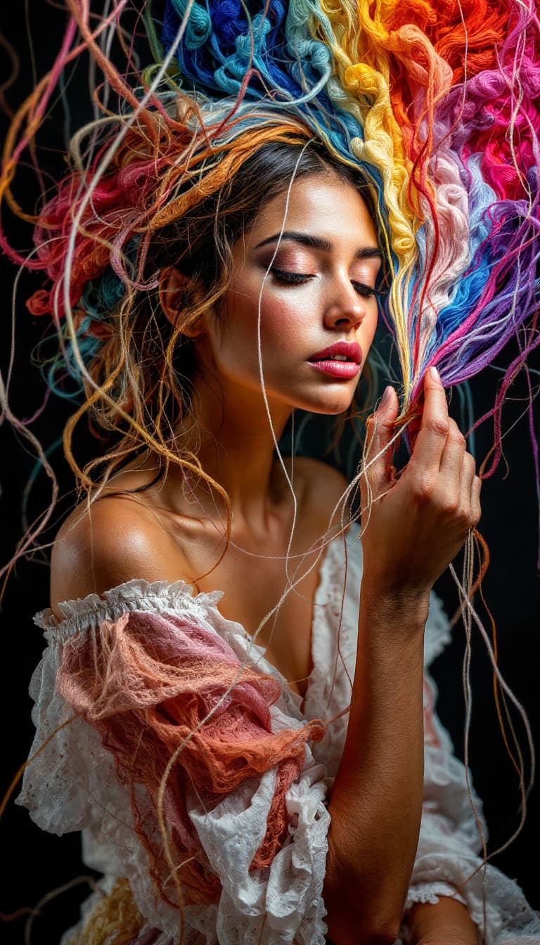 AI generated: Thread Art, Layered Threads, Colorful Textures, Tactile, Woman Holding Threads Weaving, Delicate Pos...