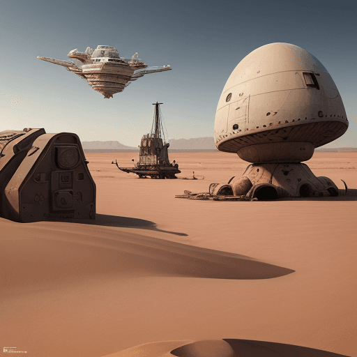 AI generated: create a realistic picture  in the desert with a strandet ship in the background and a piece of junk...