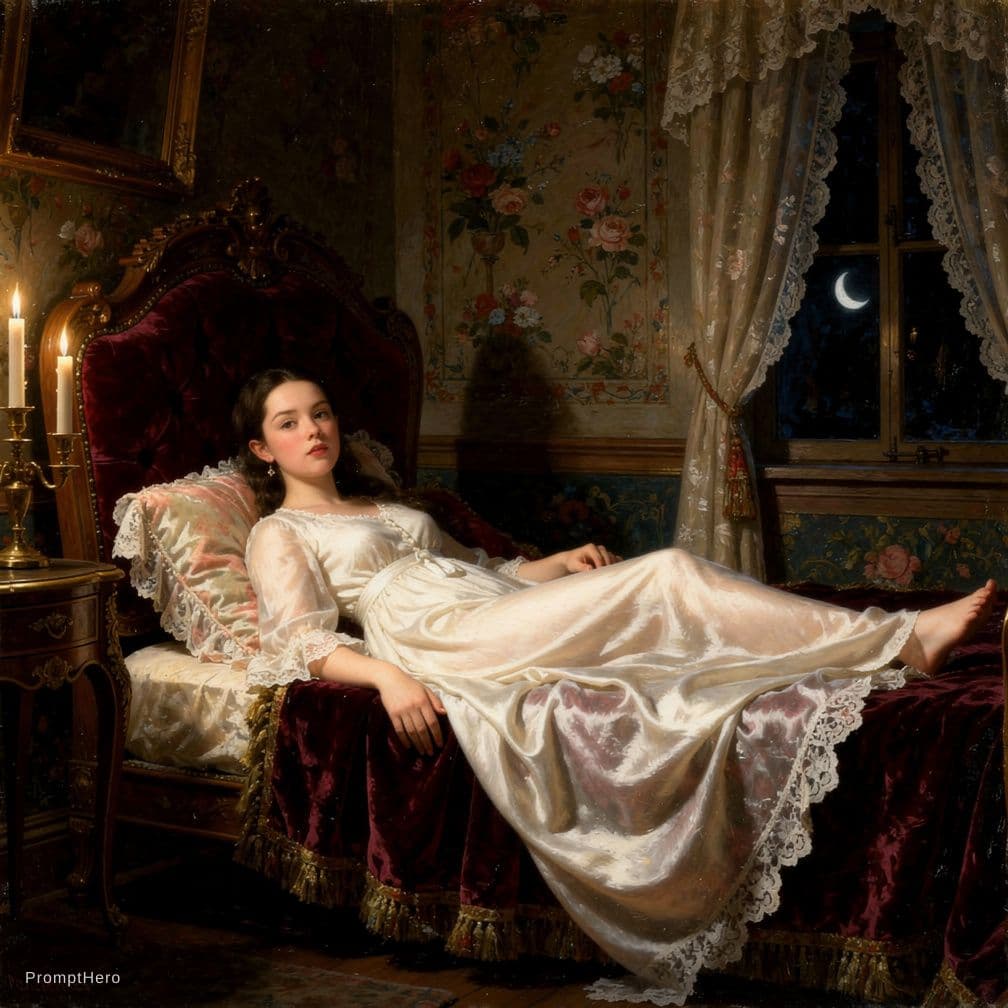 AI generated: A woman, her name is Samantha, lies on a luxurious, dark red velvet bed. The room is dimly lit, with...