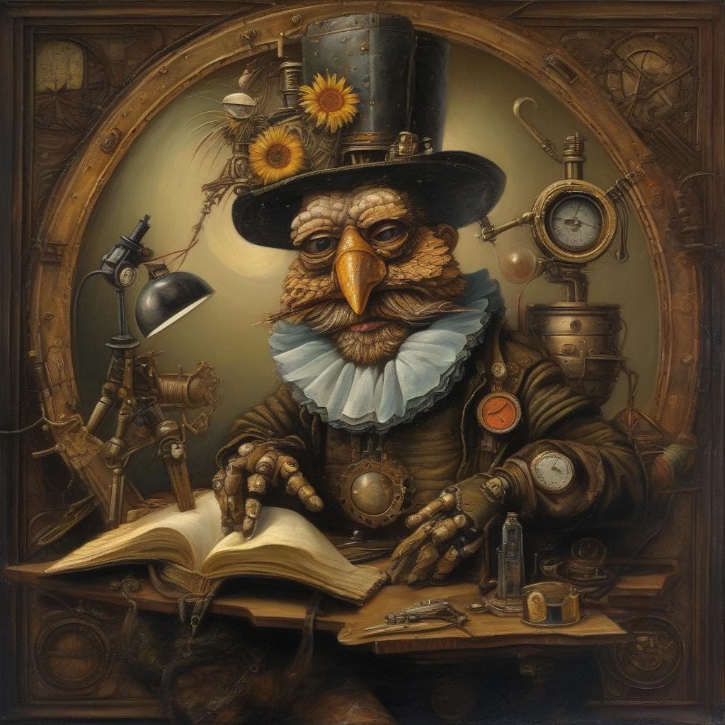 AI generated: A profile portrait of the steampunk astronomer. aged oil painting in the style of Arcimboldo