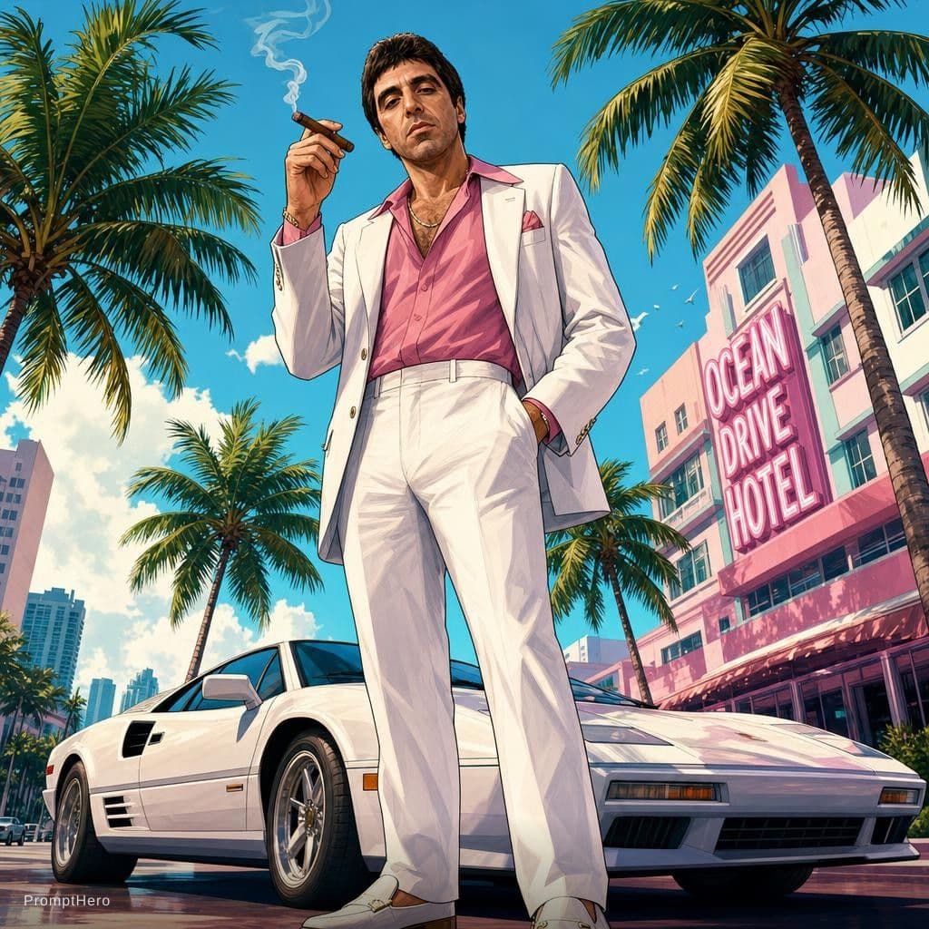 AI generated: Full-body illustration of Al Pacino in a stylized 1980s Miami setting. He's wearing a pink wide-coll...