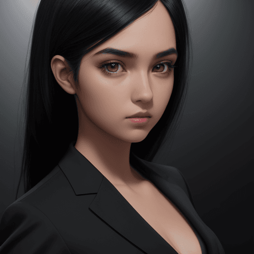 AI generated: A   girl  black hair and wearing a black suit, not realistic, detailed, studio lighting,
