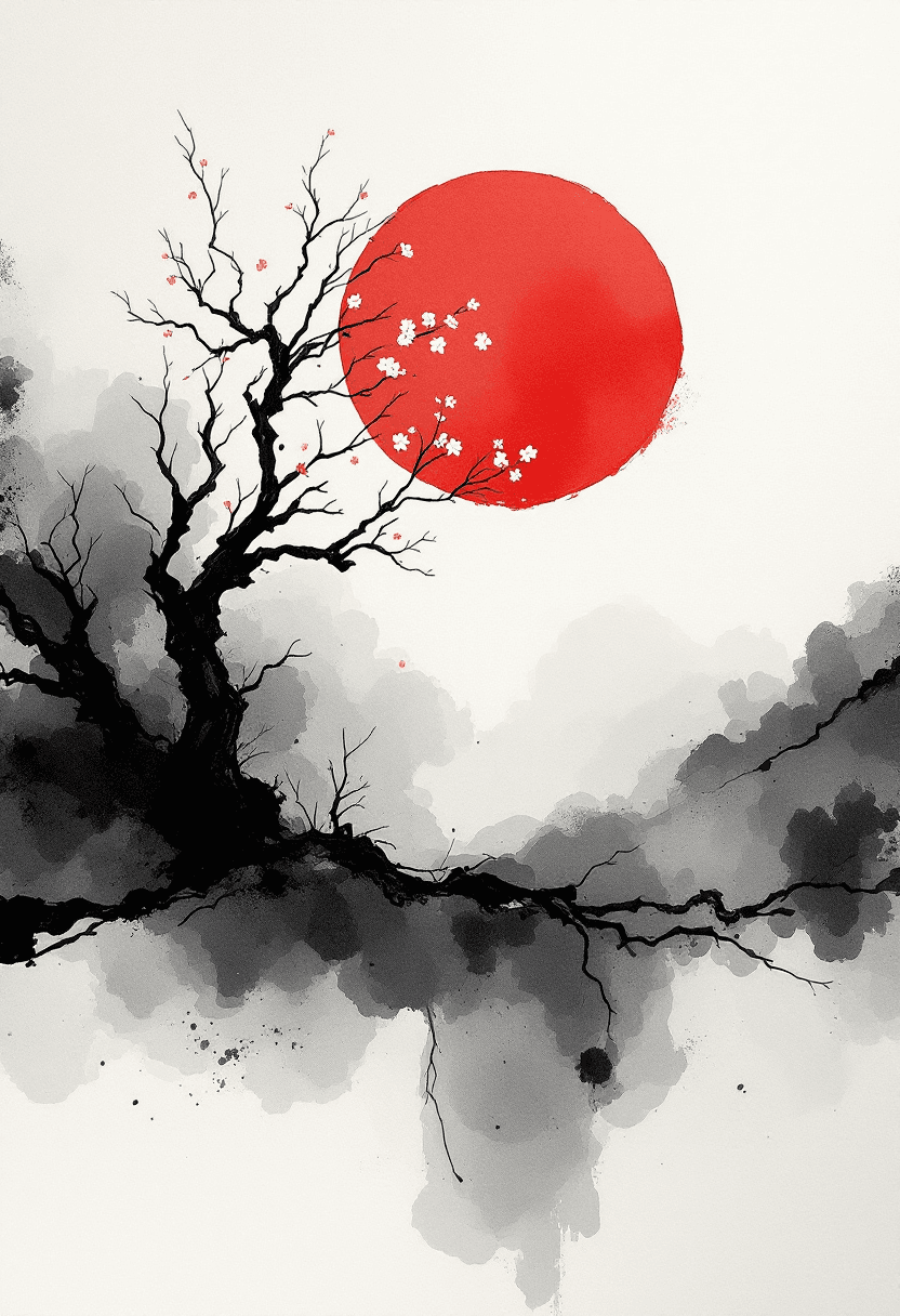 AI generated: Abstract ink wash painting, inspired by a monochromatic Japanese landscape with a suggestion of a st...