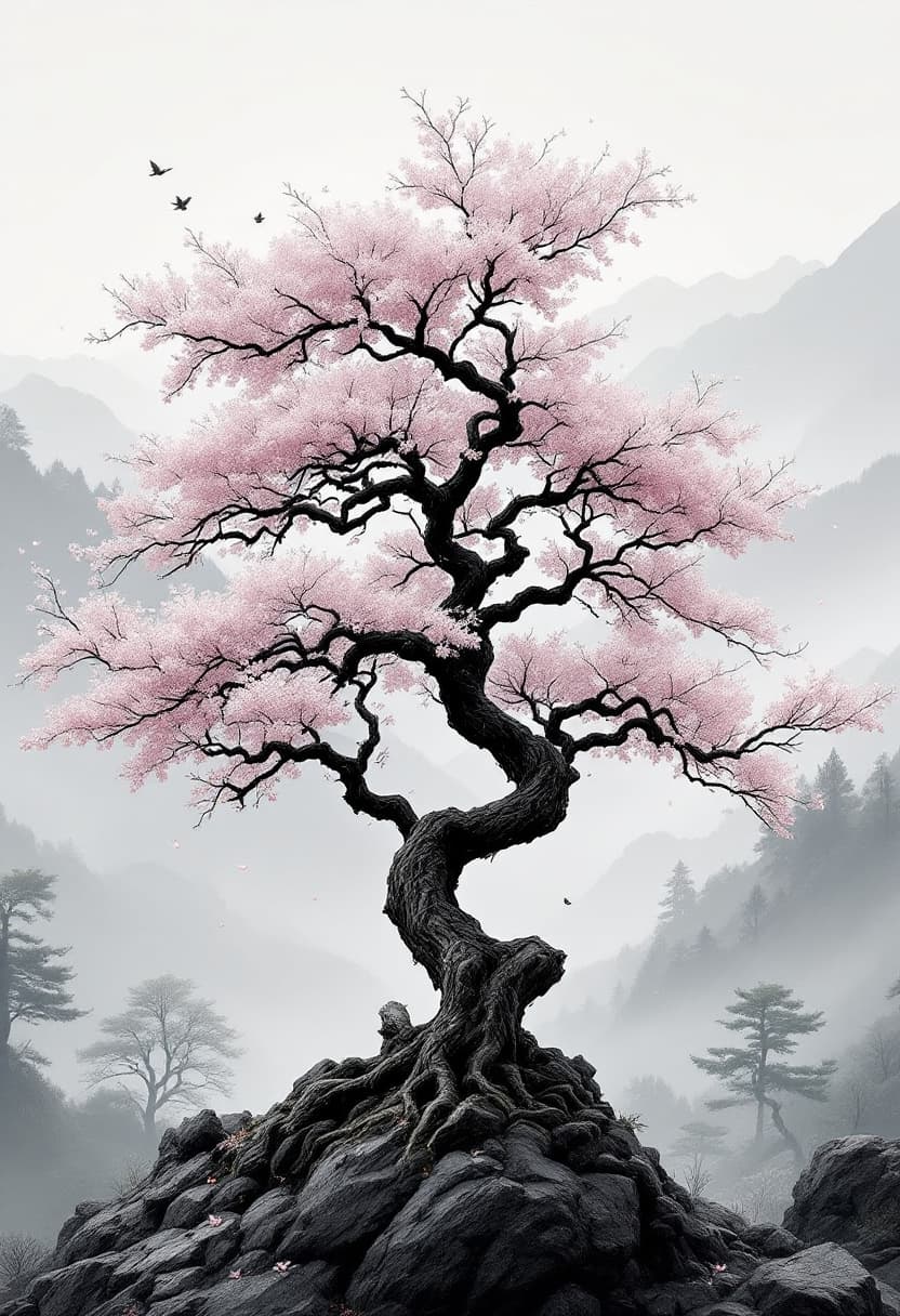 AI generated: Traditional Japanese cherry tree with a naturally twisted trunk and realistic branch structure. The ...