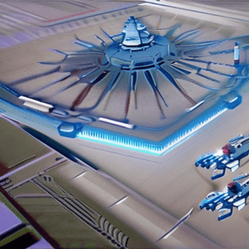 AI generated: Drone view of a futuristic  spacecraft launch pad, with a futuristic spacecraft taking off, in the s...