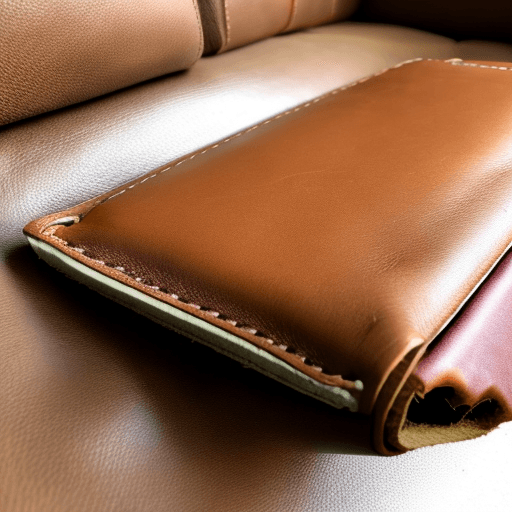 AI generated: The inside of an open leather wallet lying empty beside a creme sofa cushion