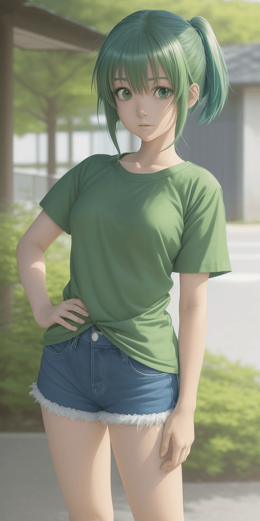 AI generated: anime girl in green shirt and blue shorts posing for picture, by Kose Kanaoka, anime visual of a cut...