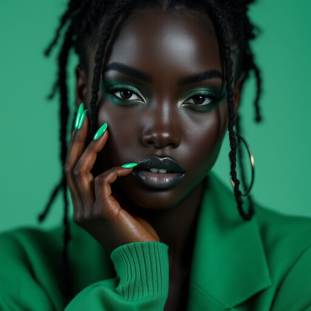 AI generated: full-length photo BLACK model girl. Clothes, stylish makeup, manicure, pedicure accessories - from t...