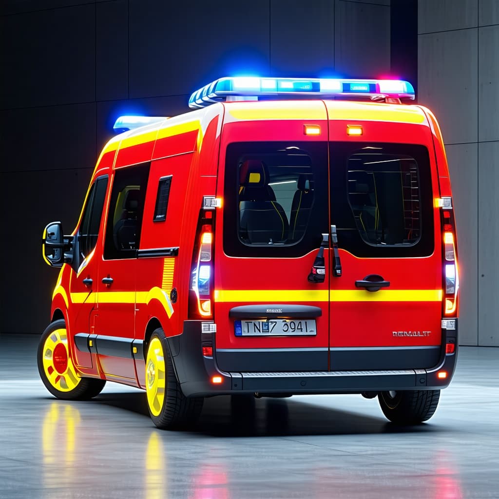 AI generated: Future french ambulance, renault master e tech 2026, concept, red, yellow reflective stripes, full c...