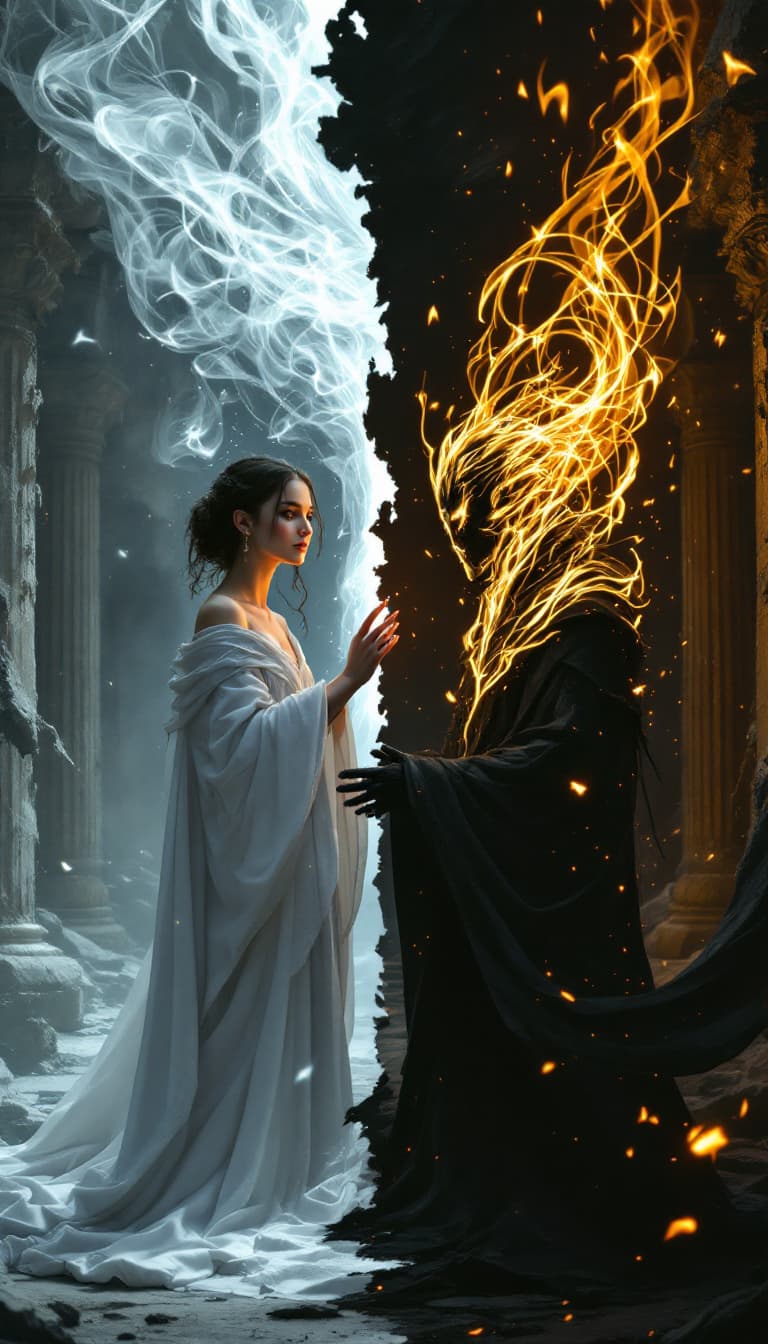 AI generated: A visually striking, hyperrealistic scene in 8k octane, depicting a clash of ideologies: A serene, w...
