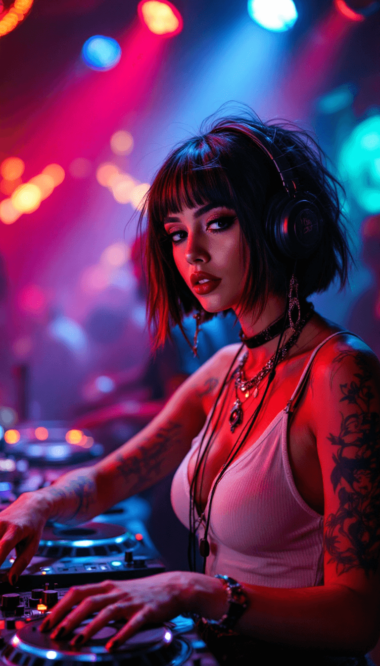 AI generated: A DJ with Arm tattoo, white tank top, messy straight-cut cleopatra bob, bangs, multi-tone hair (blac...