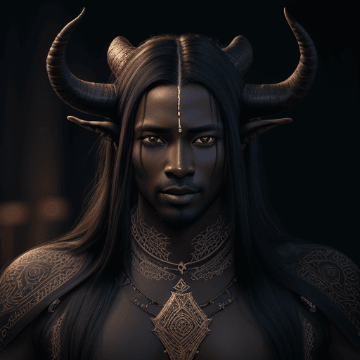 AI generated:  Male, age 35, dark skin, long black hair, horns, intricate artwork ,cinematic, high detail, octane ...