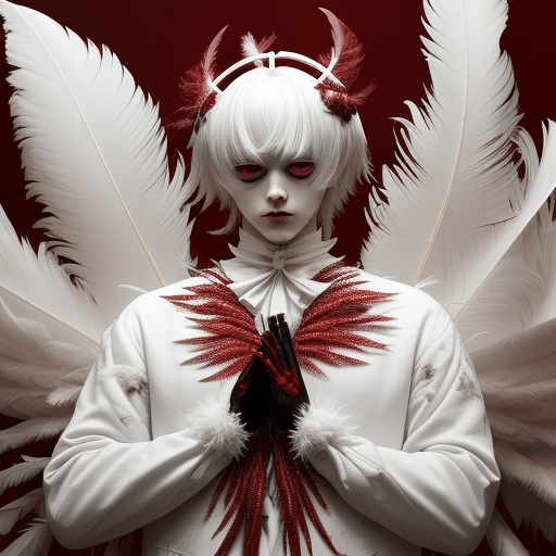 AI generated: the man's hands are covered with feathers, in the style of nightmarish creatures, white and crimson,...