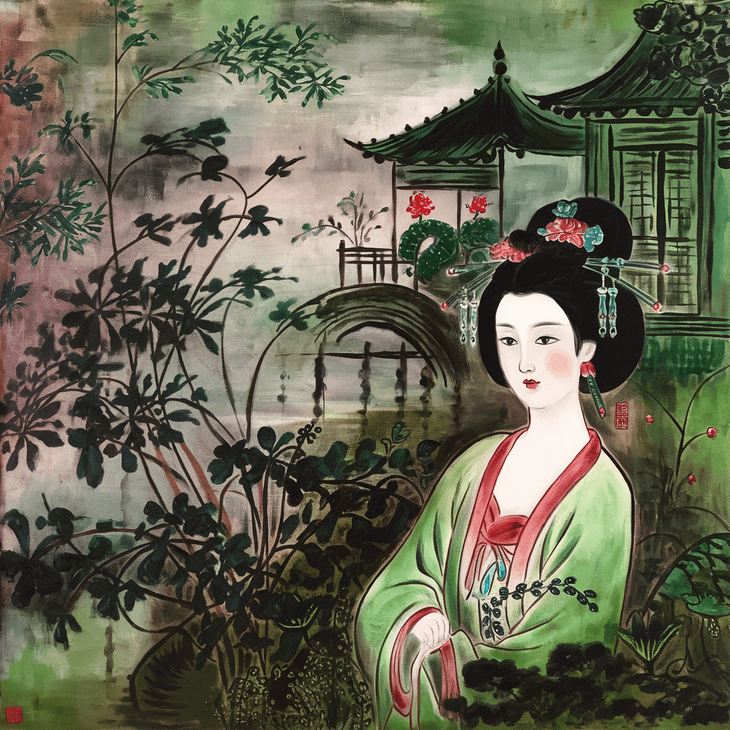 AI generated: a green, white, and red oriental painting, feminine beauty, in the style of botanical impressions, m...