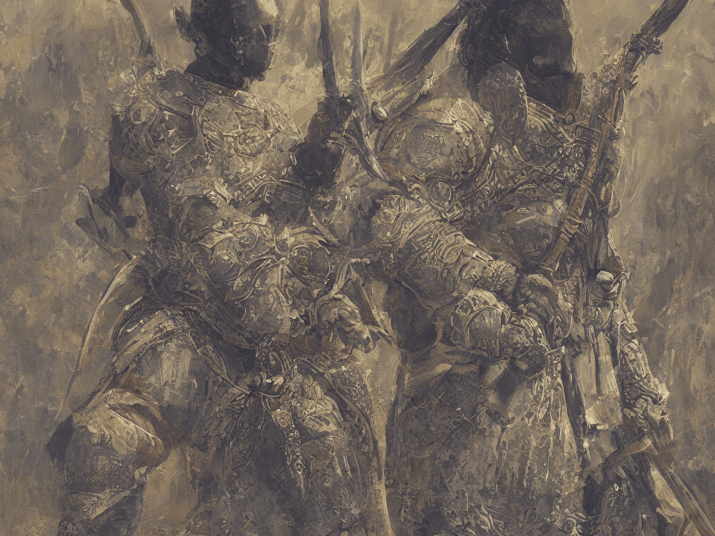 AI generated: A painting of a lone mysterious warrior, set during golden hour,  finely detailed armor, weapon, int...