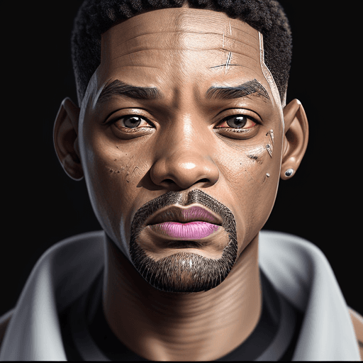 AI generated: pensive face made entirely of matte paper,Will Smith face,face is slowly disintegrating,detailed lip...