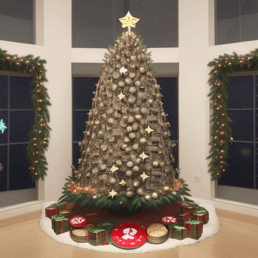 AI generated: Christmas tree decorated with crypto coins, discord logos, peace icons and airplanes 