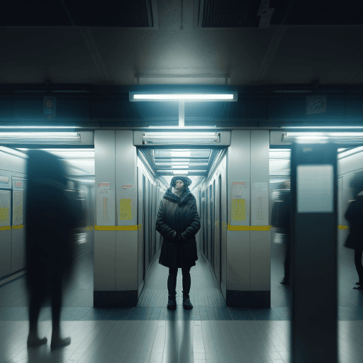 AI generated: create an image of a person standing alone in a subway station, under a single bright fluorescent li...