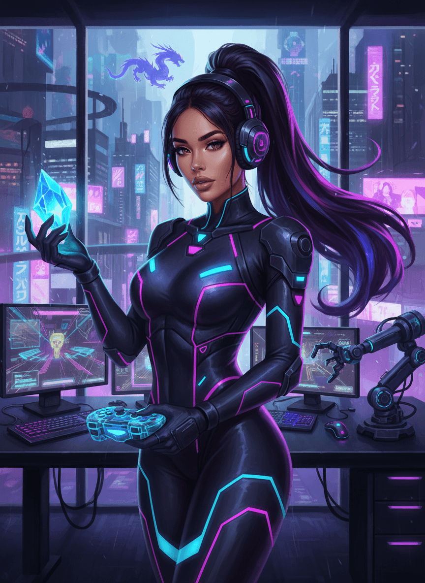 AI generated: A vibrant, cyberpunk-style art illustration of a confident woman in a sleek, black armored bodysuit ...