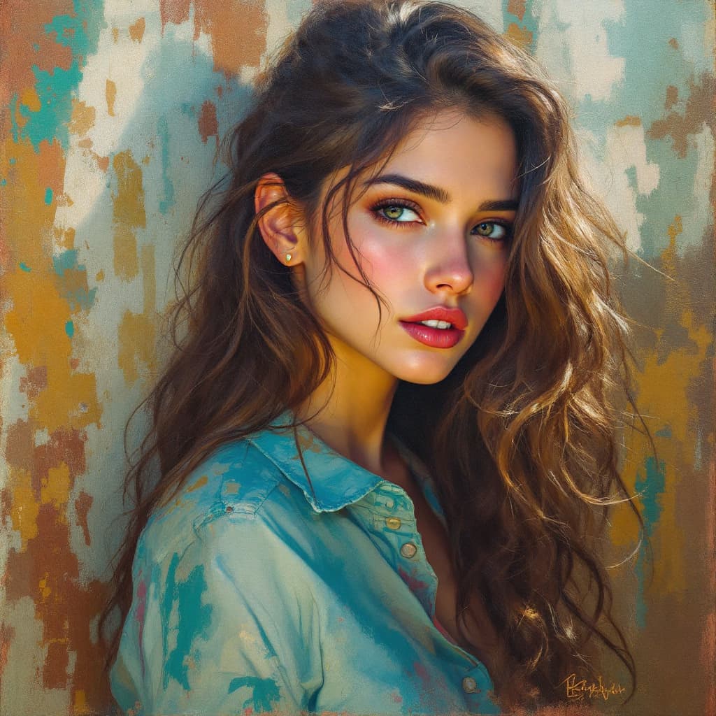AI generated: a Painting of a Women, Cute, 18 Year Old. It is a Masterpiece of Concept Art by Michael Garmash.
