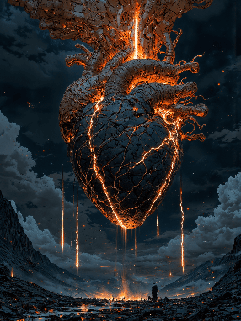 AI generated:     A colossal, anatomically correct human heart, towering hundreds of meters tall, floating amidst ...