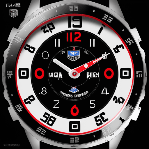 AI generated: circular watch face with tag heuer logo and text "A" in white, red bull racing colors and numbers on...