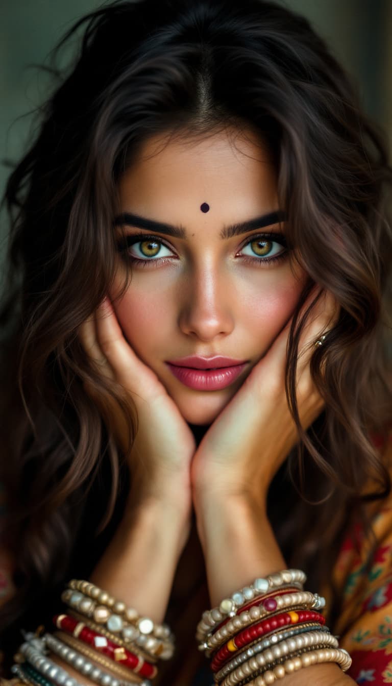 AI generated: Jennifer Connelly ,18-21 years old, brown hair, Indian hair style,trying to shy, inhaled chest,wide ...