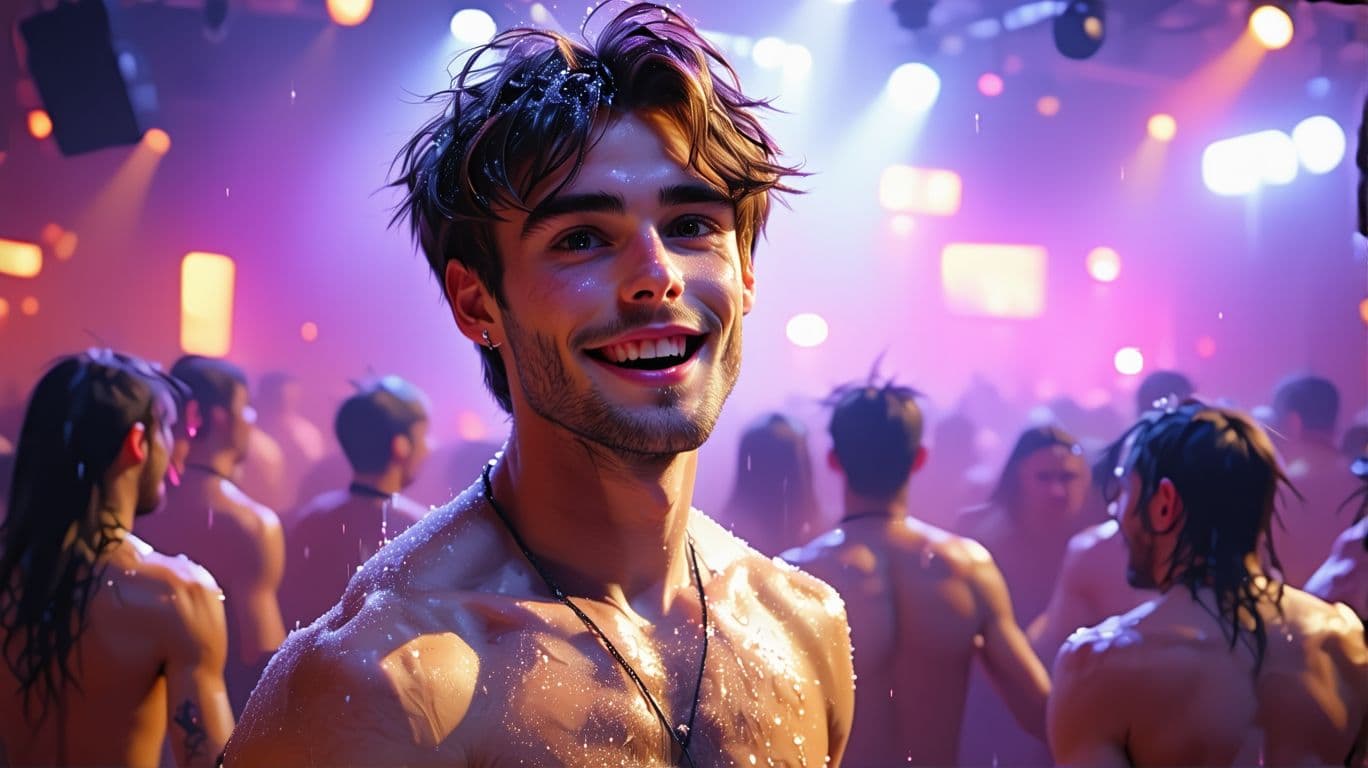 AI generated: Rave guy showing small penis, naked, slim lower torso, hairy, small penis, man cute, hot, sexy, gay
