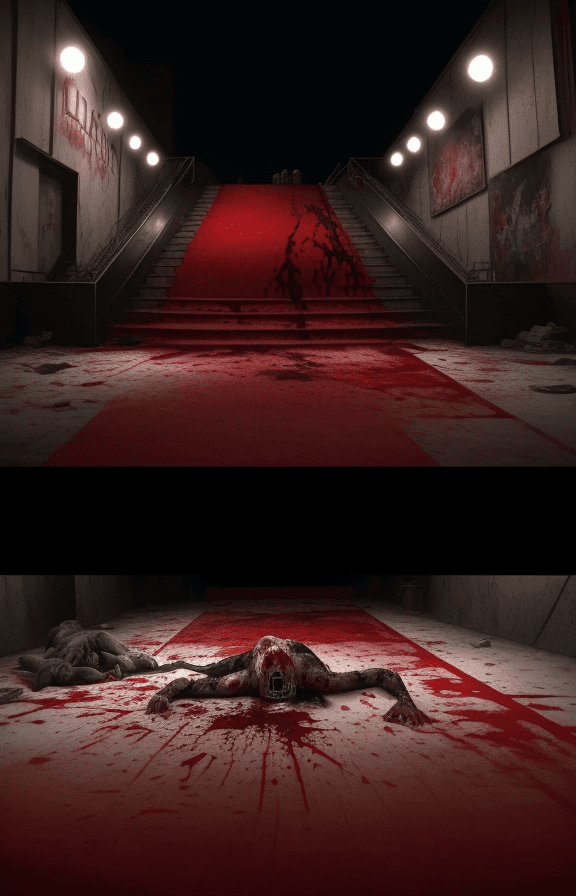 AI generated: A painted Hollywood set on the red Hollywood carpet with blood and gut all over the place with dead ...