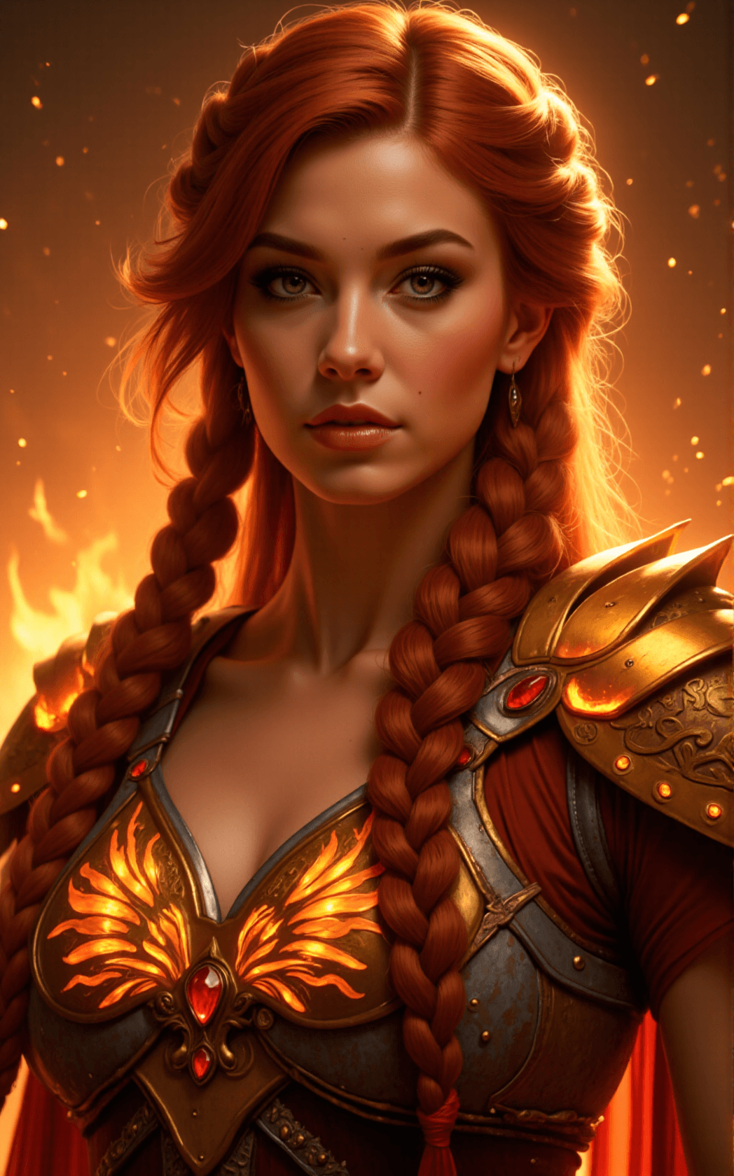 AI generated: A luminous close-up reveals a powerful woman with an athletic, hourglass silhouette and a proud, upr...