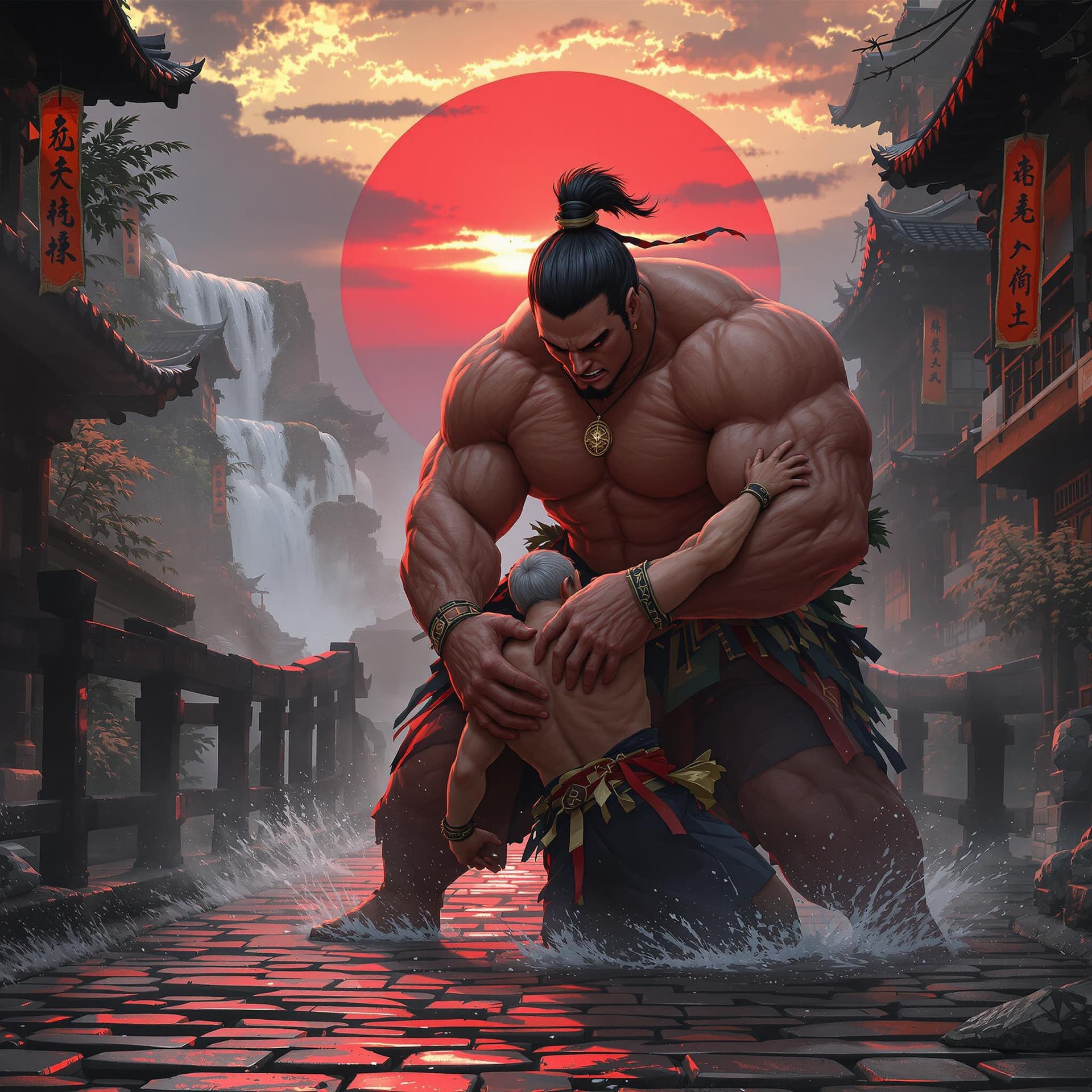 AI generated: Female is bigger and stronger, Girl Japanese female Samurai. She is massive muscular female heavy we...