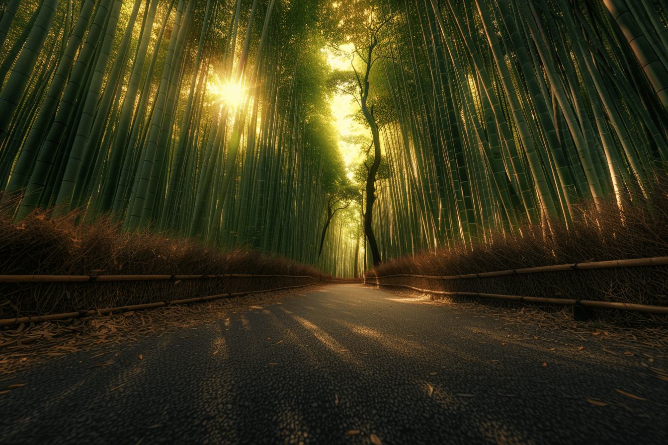 AI generated: Bamboo forest, tall bamboo trees towering above the sky on both sides of an empty path in Arashiyama...