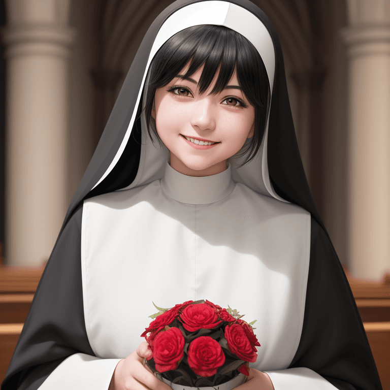AI generated: rosaria \(genshin_impact\), head shot, 85mm f1.2, smile, upper body, joyful, church, praying, nun, b...