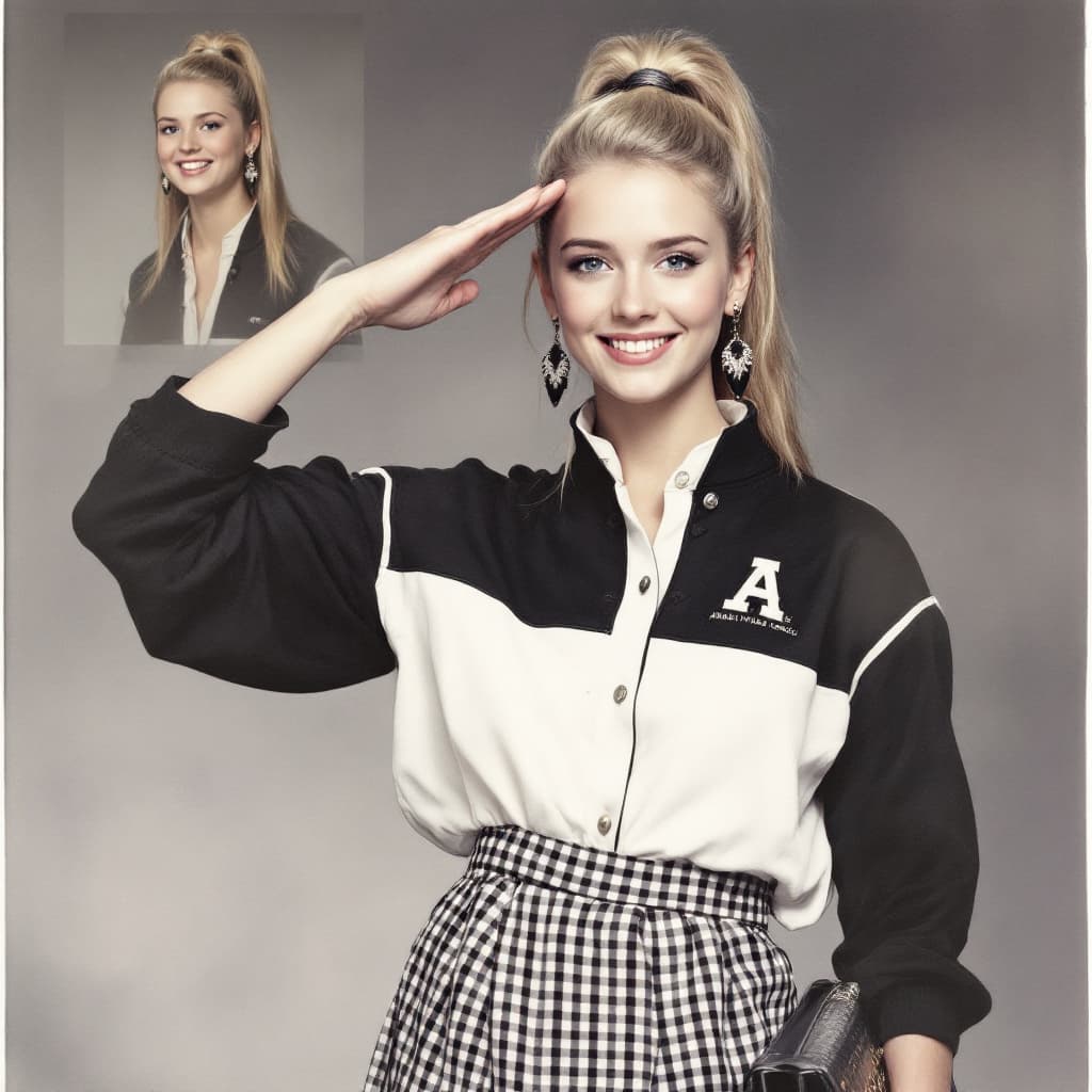 AI generated: An 80s senior portrait photo with a side-view double exposure in the top left.

Subject: Blonde woma...