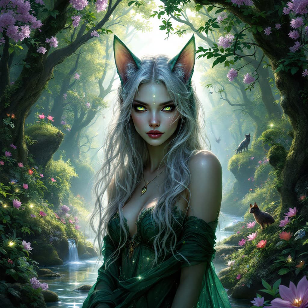 AI generated: A beautiful and artistic portrait of a female humanoid cat-person standing gracefully in a vibrant, ...
