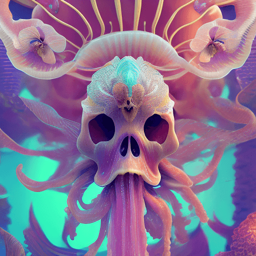AI generated: Goddess close-up portrait ribcagel. jellyfish phoenix head, nautilus, orchid, skull, betta fish, bio...