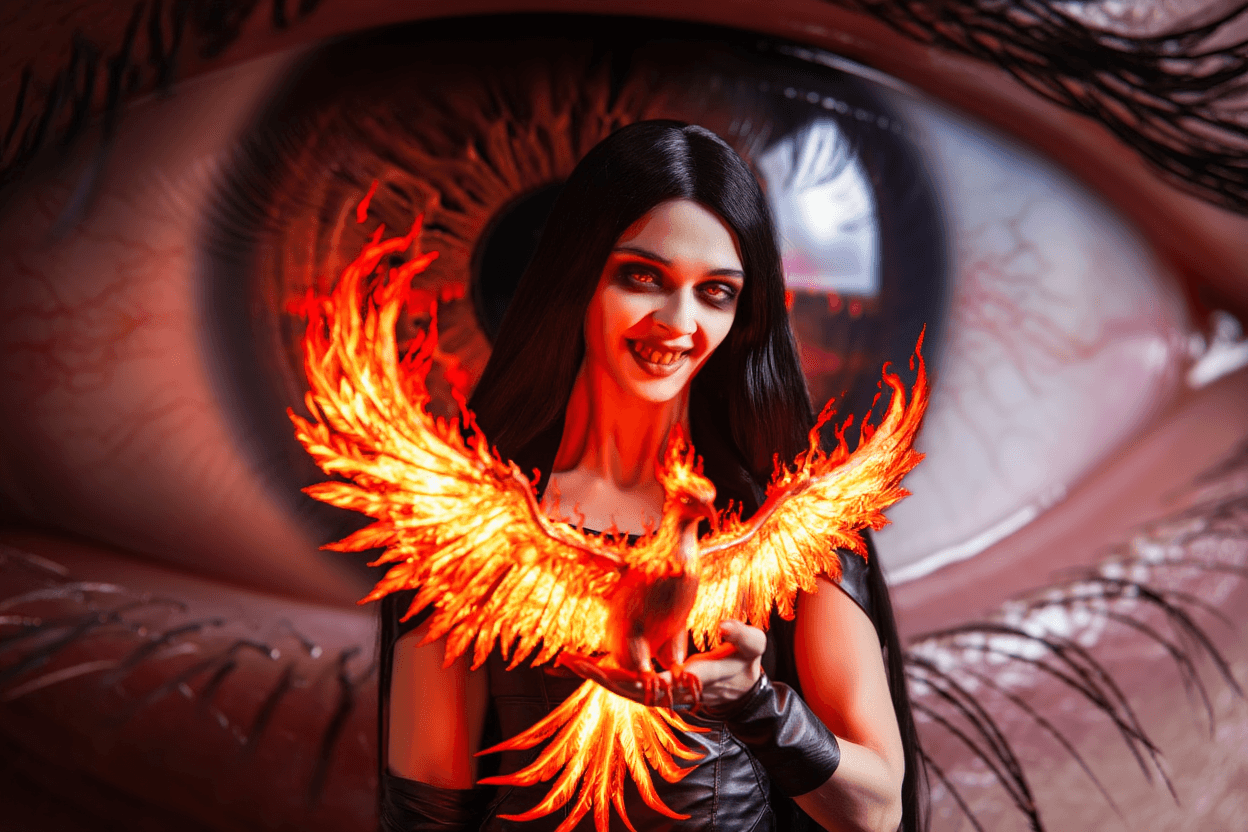 AI generated: Macroview of Lilith like woman smiling sinisterly while holding a phoenix in flames in her hands fly...