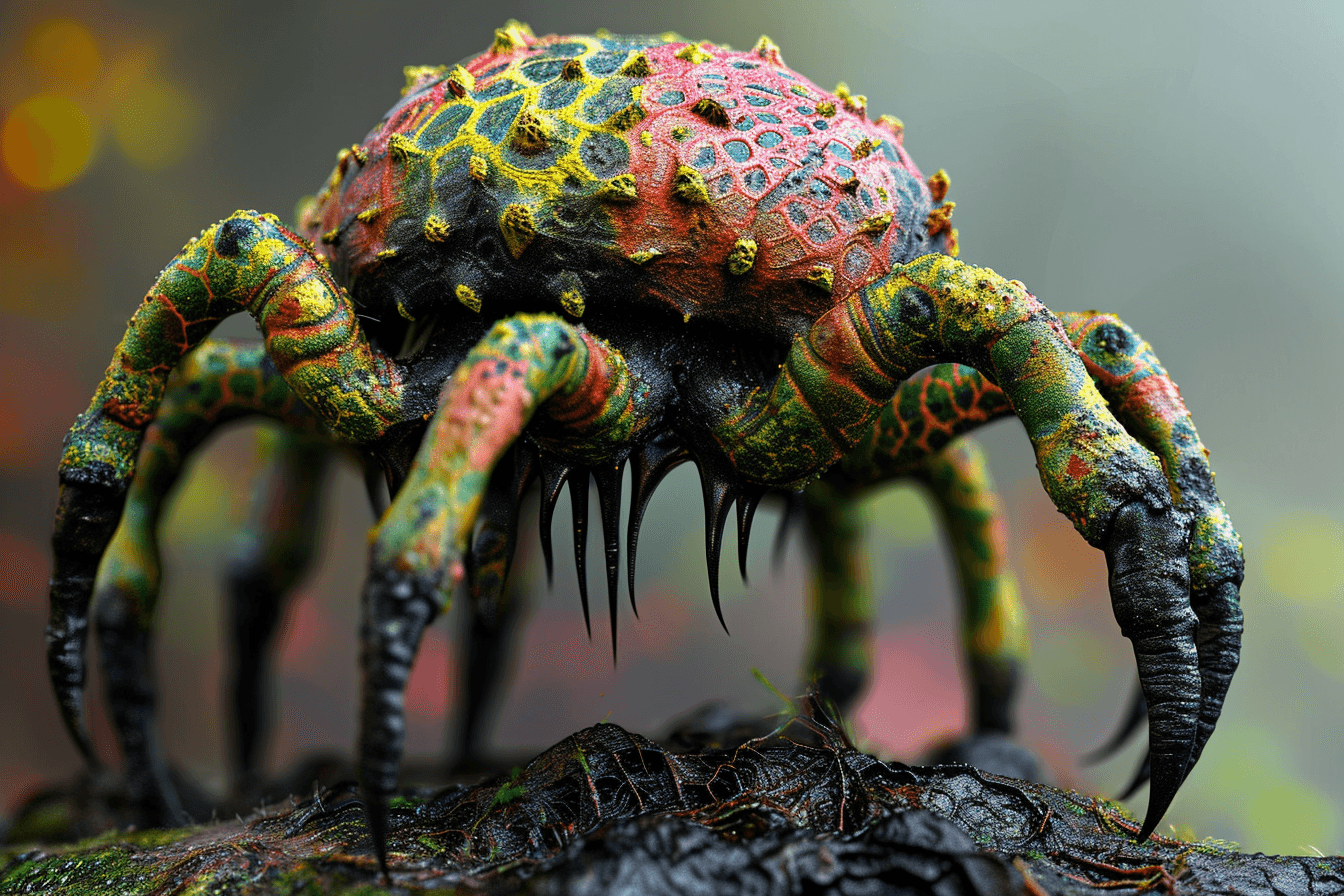 AI generated: Monster fungaii with legs, black, green, red and yellow in colors, very detailed, photo realistic --...