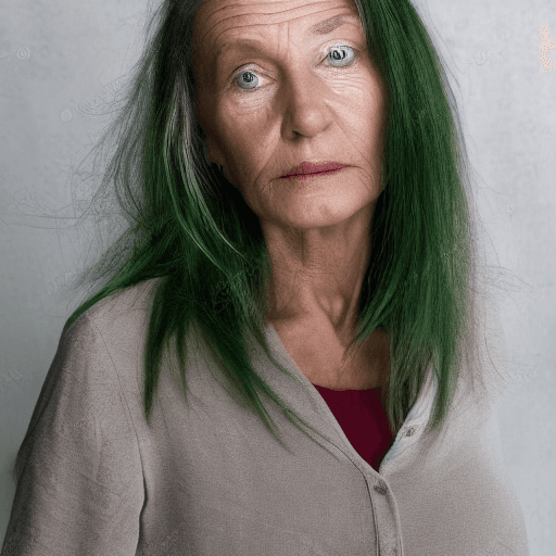 AI generated: woman aged 55 years, blod, mid hair, green eyes 